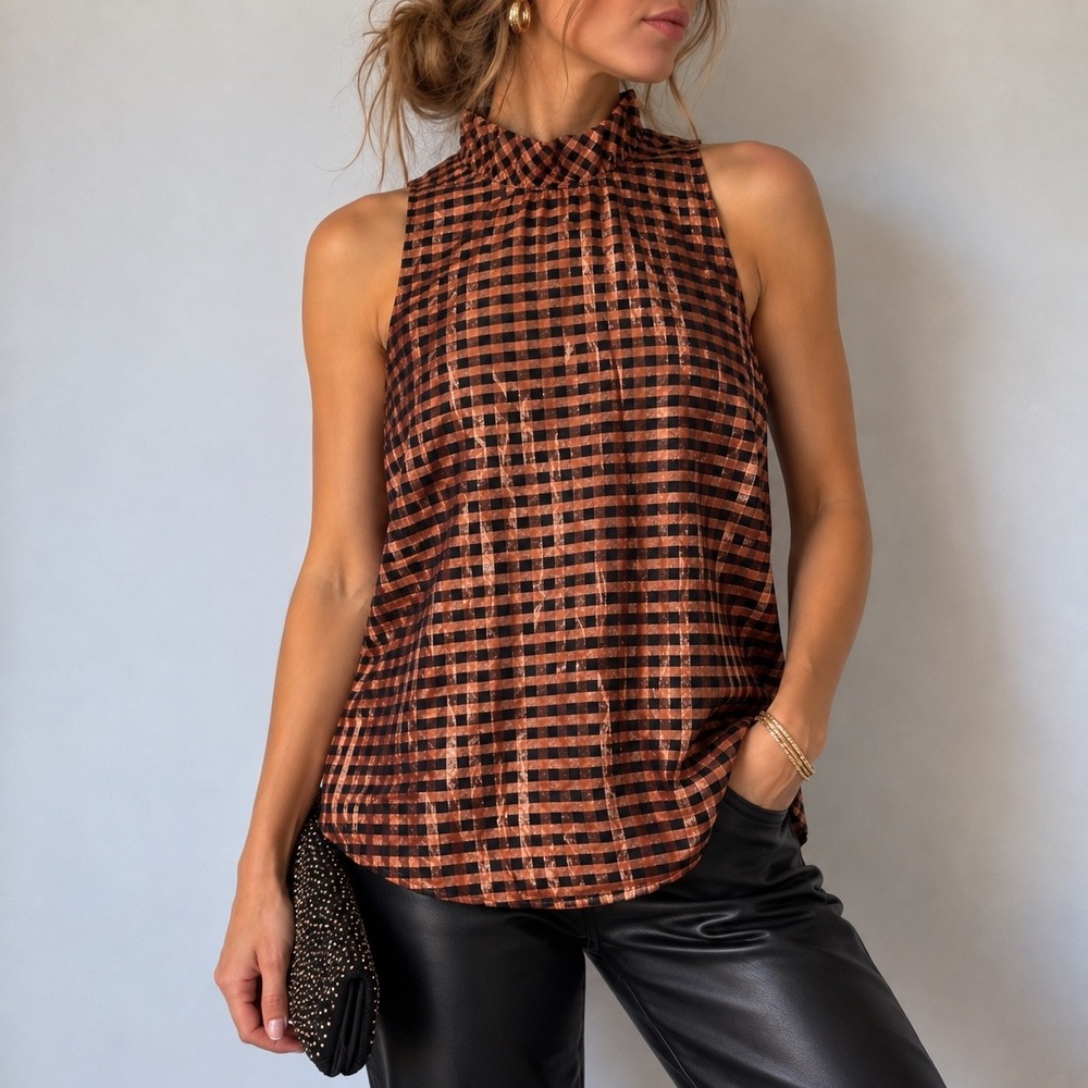 J.Crew Rose Gold Metallic Gingham Ruffleneck Sleeveless Top XS Holiday Party